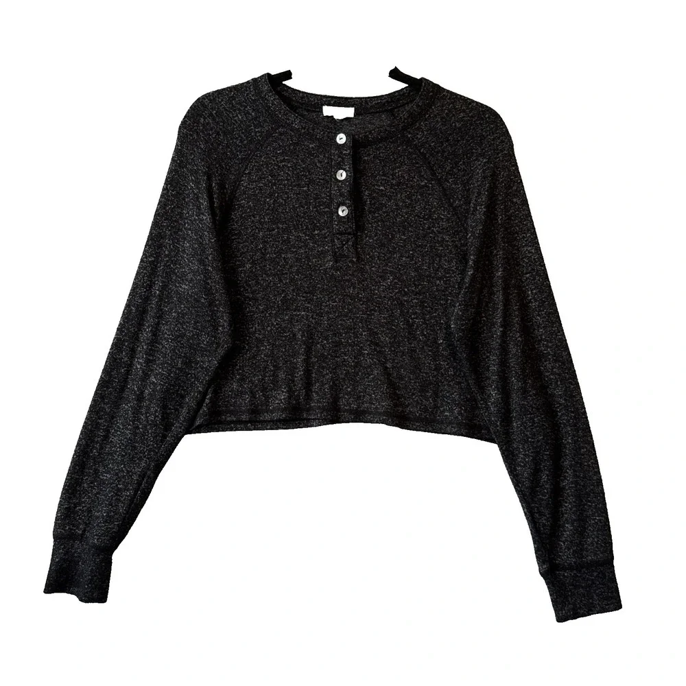 Stitch & Pine Sleep Henley Cropped Buttery Soft Black Top M Lounge‎ Sleepwear